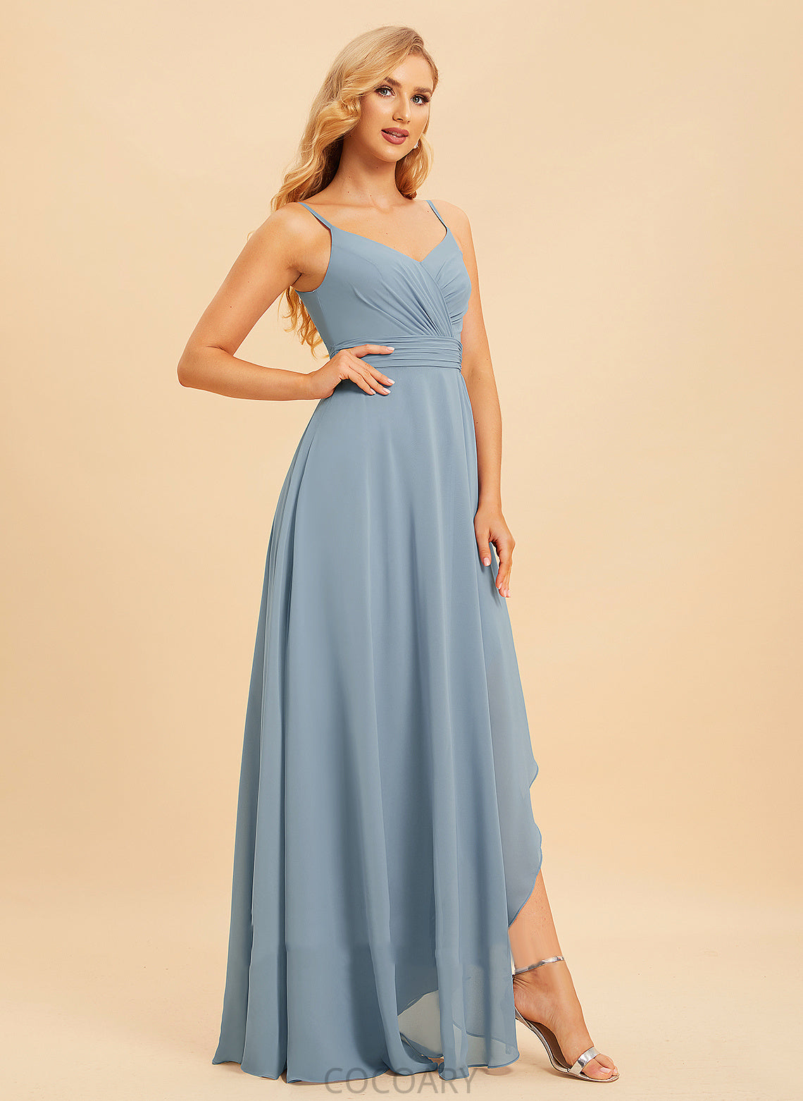 Ruffle A-Line Length Fabric Asymmetrical Silhouette Neckline Embellishment V-neck Sonia Sleeveless Spaghetti Staps Bridesmaid Dresses