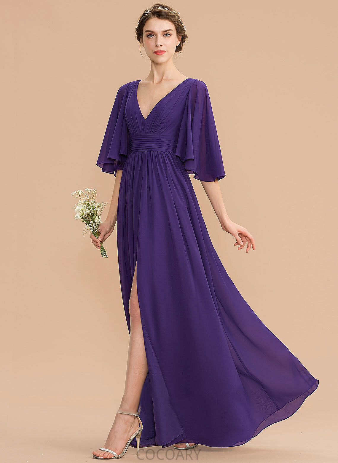 A-Line V-neck Fabric SplitFront Neckline Floor-Length Bow(s) Embellishment Length Silhouette Ruffle Shaylee Bridesmaid Dresses