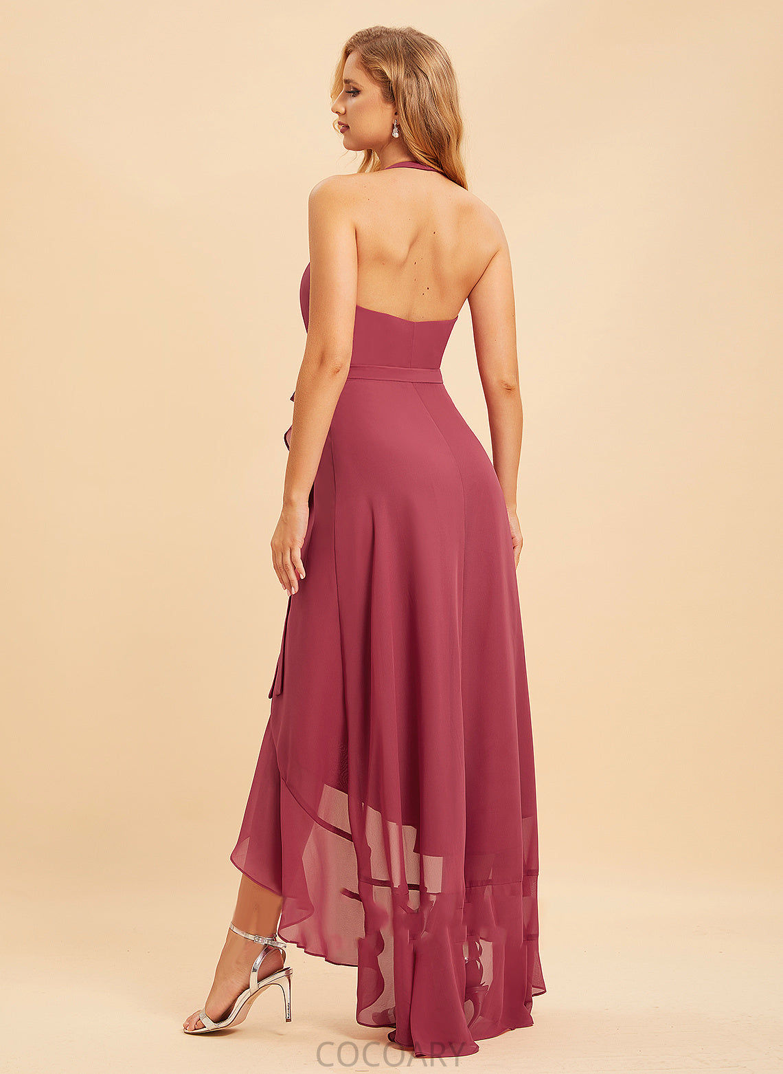 Ruffle Length A-Line Fabric Embellishment Silhouette Asymmetrical Neckline Halter Shyla Sleeveless Floor Length Bridesmaid Dresses