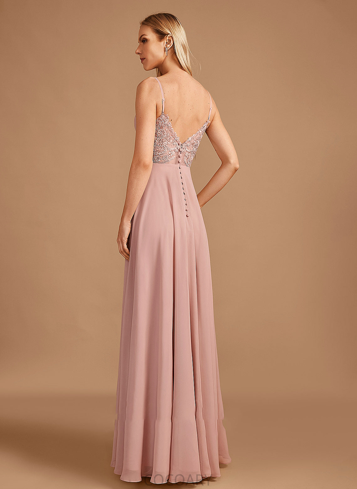 Embellishment Floor-Length Fabric Length Lace Silhouette Neckline V-neck A-Line Elle Spaghetti Staps Sleeveless Bridesmaid Dresses