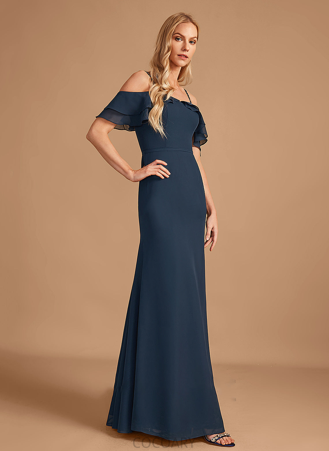 Beading Sheath/Column Neckline Floor-Length Ruffle Fabric Silhouette Embellishment Off-the-Shoulder Length Kenna A-Line/Princess Bridesmaid Dresses