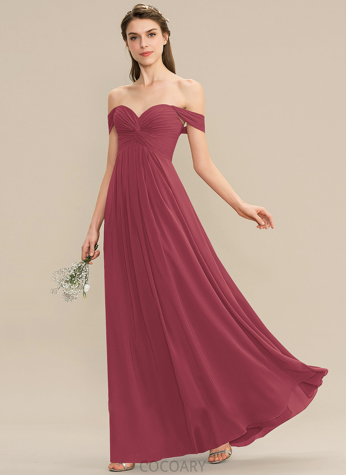 Neckline Embellishment Floor-Length Silhouette Length Off-the-Shoulder A-Line Ruffle Fabric Aisha Natural Waist Spaghetti Staps Bridesmaid Dresses