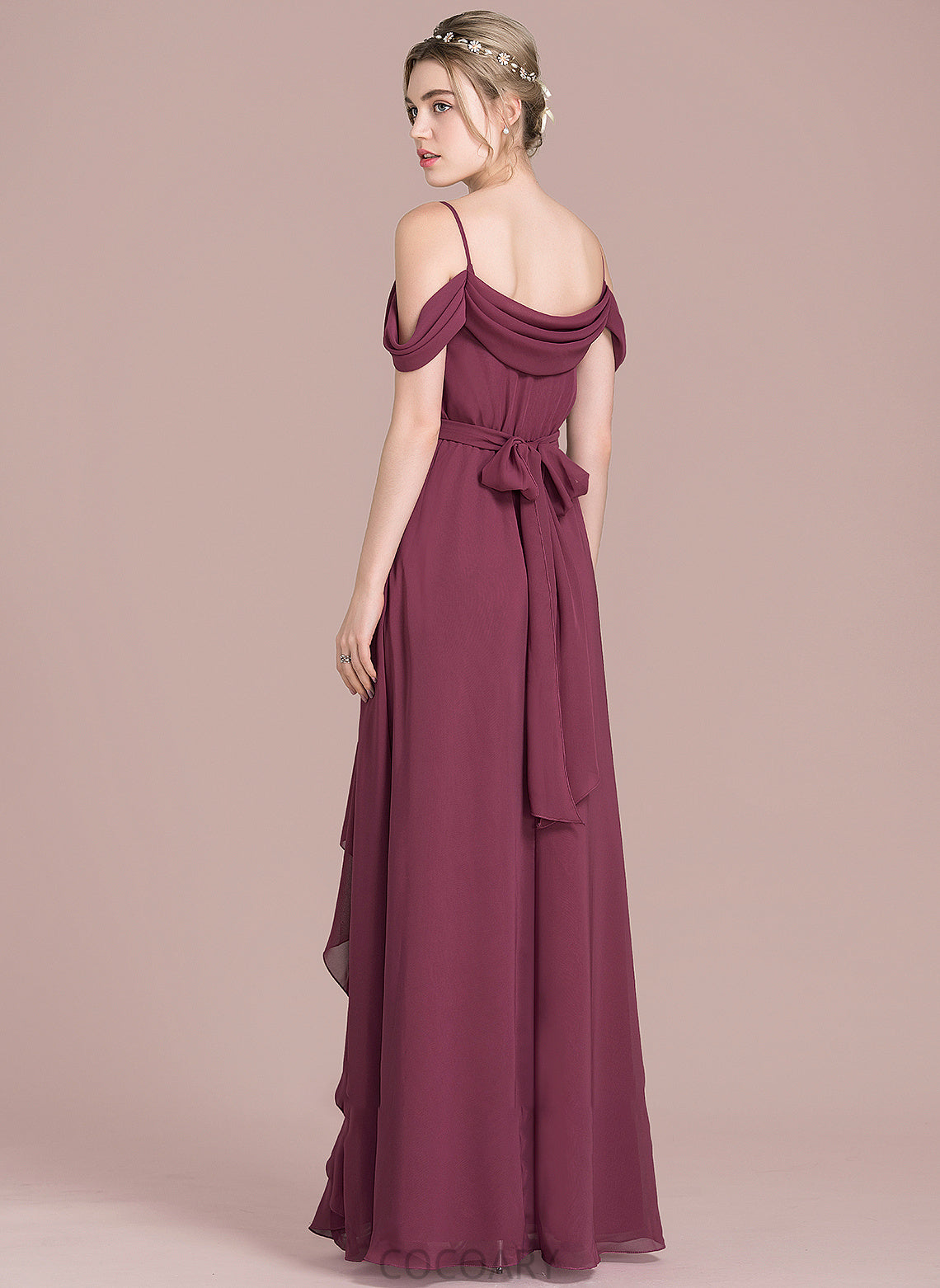 Bow(s) Embellishment Neckline V-neck Silhouette Floor-Length CascadingRuffles Length A-Line Fabric SplitFront Haylie Bridesmaid Dresses