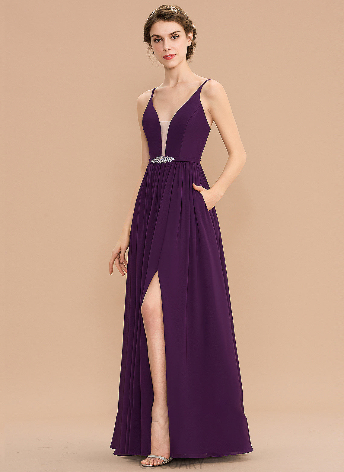 Sequins SplitFront Pockets V-neck Floor-Length Length Silhouette Fabric Beading A-Line Embellishment Neckline Bridesmaid Dresses