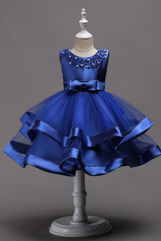 Cute Blue Satin Round Neck With Beaded Ball Gown Flower Girl Dresses