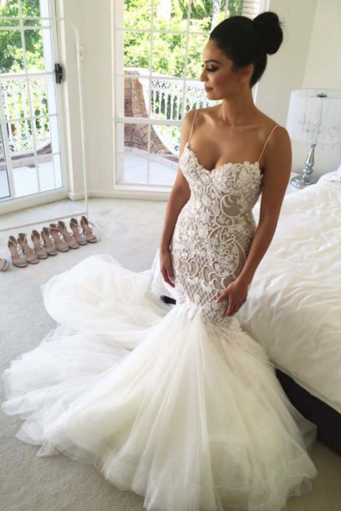 Charming Mermaid Sweetheart Backless Spaghetti Straps Tulle Wedding Dresses