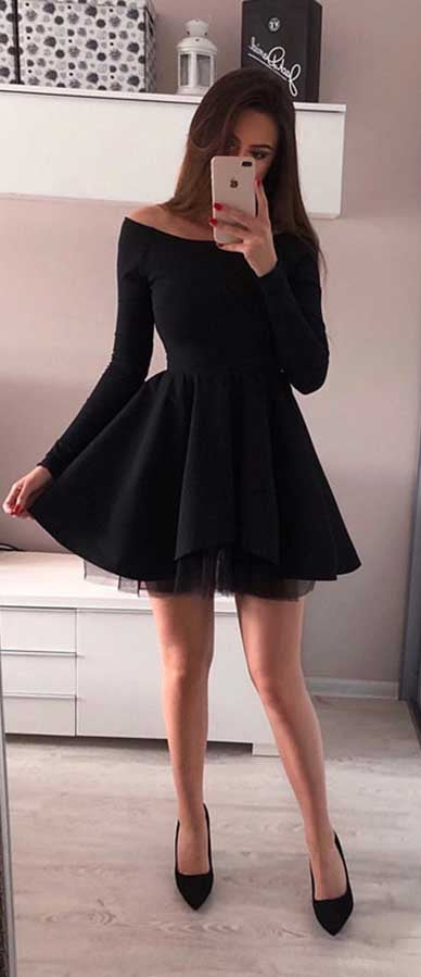 Charming Black Off the Shoulder Long Sleeves A Line Homecoming Dresses