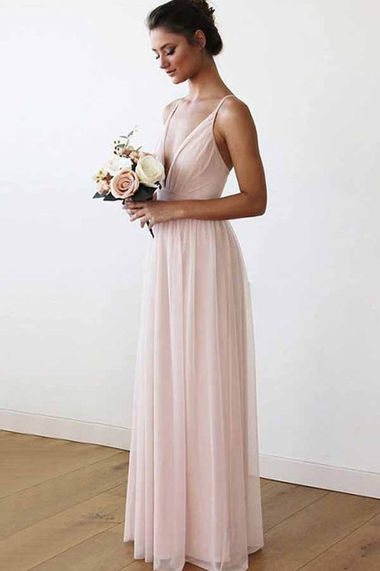 Impressive Pink Spaghetti Straps Sleeveless V Neck Bridesmaid Dresses