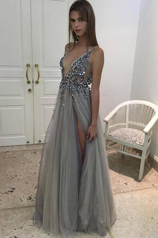 Sexy V neck Beaded Tulle With Side Slit Prom Dresses