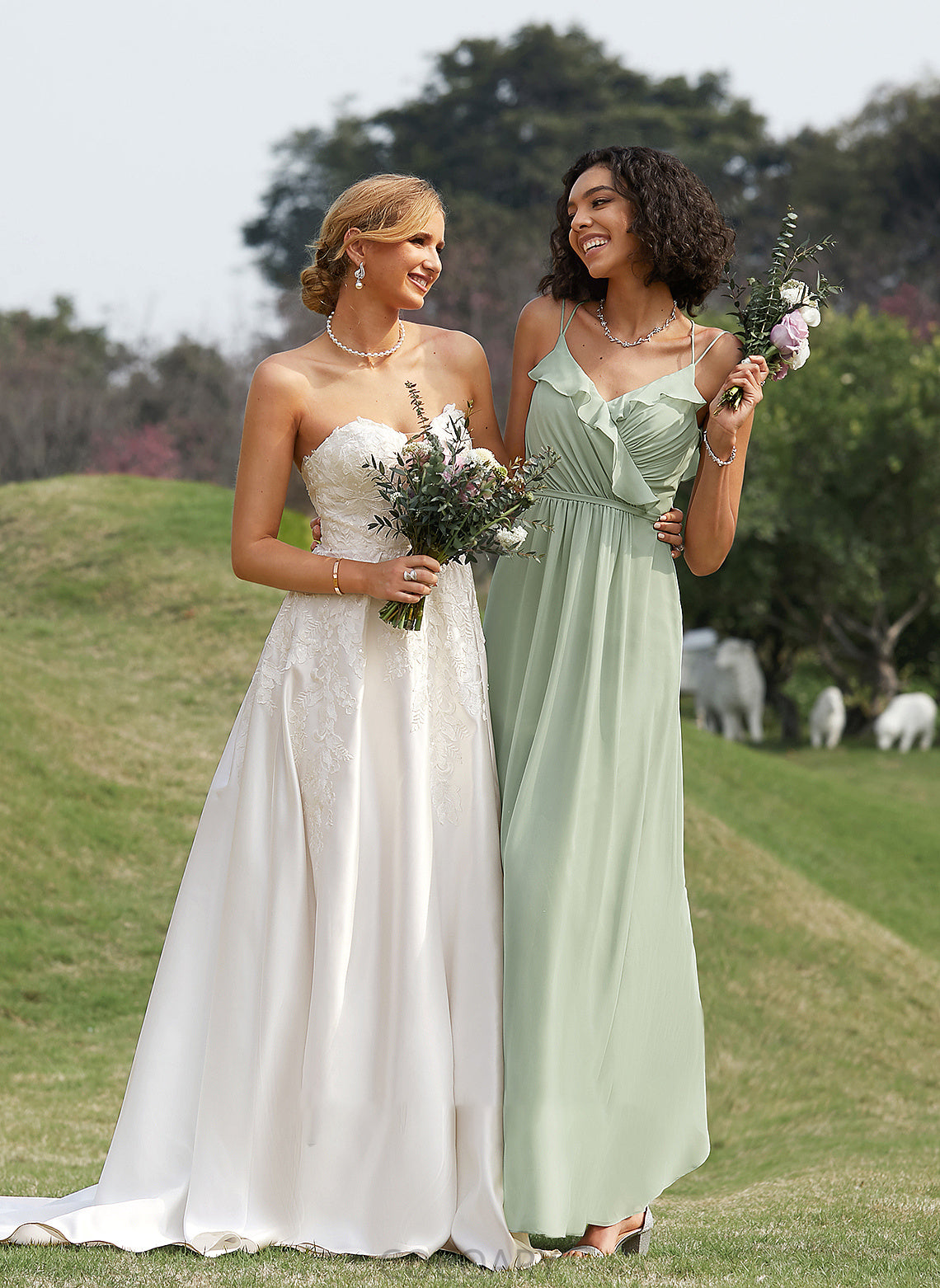 V-neck Length Silhouette Neckline Floor-Length Embellishment Fabric Ruffle A-Line Ava Floor Length Sleeveless Bridesmaid Dresses