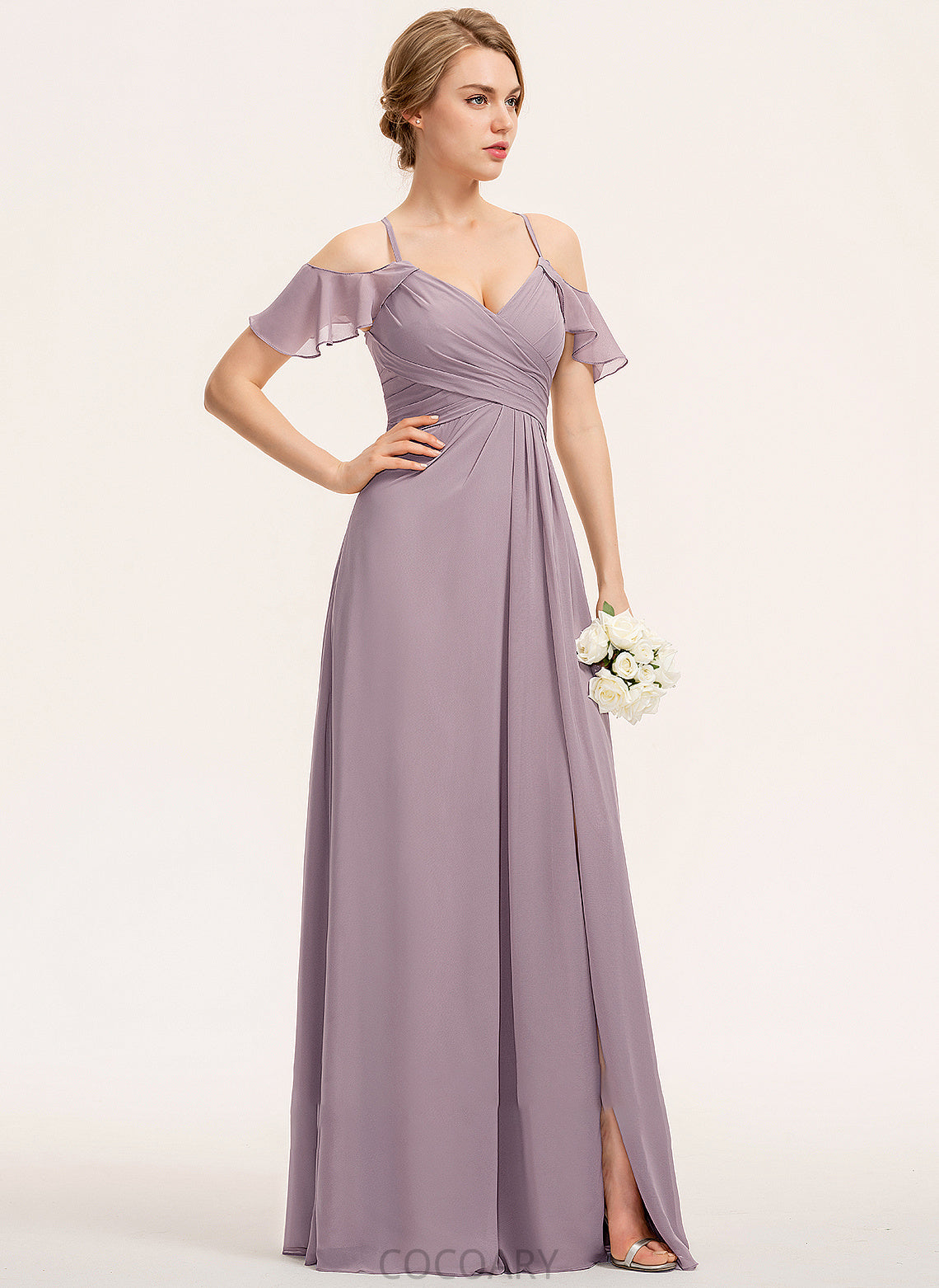 Fabric Length Silhouette CascadingRuffles Floor-Length SplitFront A-Line Ruffle Neckline Embellishment V-neck Nyla Bridesmaid Dresses