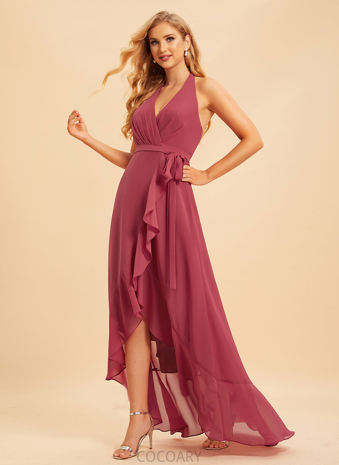 Ruffle Length A-Line Fabric Embellishment Silhouette Asymmetrical Neckline Halter Shyla Sleeveless Floor Length Bridesmaid Dresses