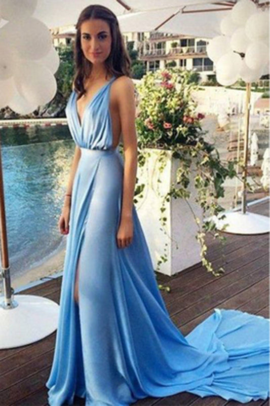 Delicate Sleeveless V Neck Split Side With Trailing Prom Dresses