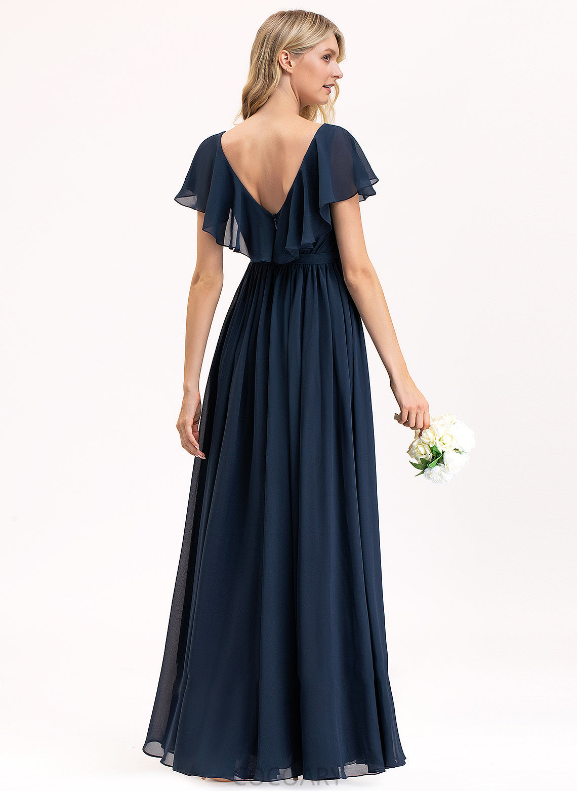 Bow(s) Silhouette A-Line V-neck CascadingRuffles SplitFront Neckline Fabric Floor-Length Length Embellishment Vivien Bridesmaid Dresses