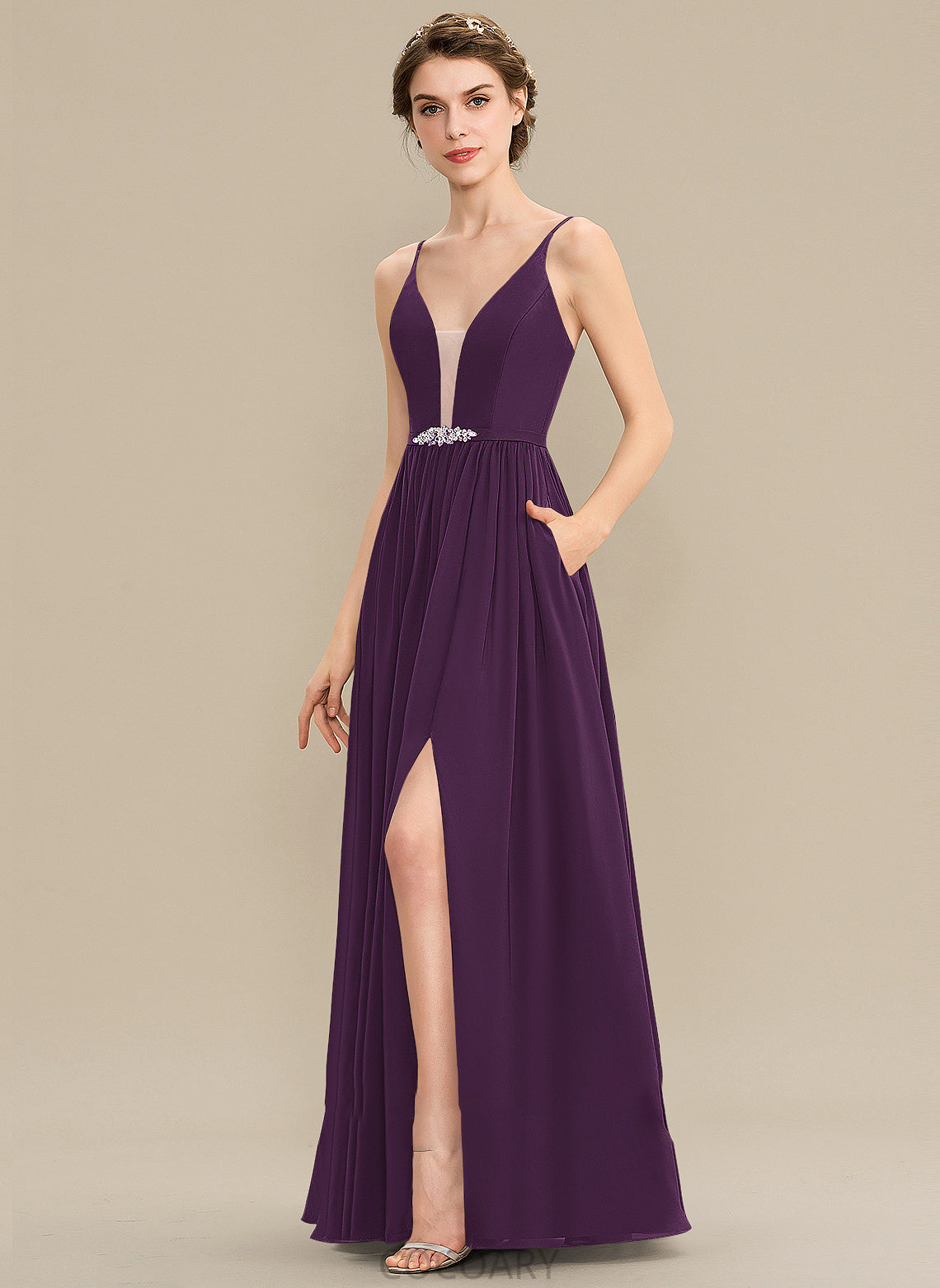 Sequins SplitFront Pockets V-neck Floor-Length Length Silhouette Fabric Beading A-Line Embellishment Neckline Bridesmaid Dresses