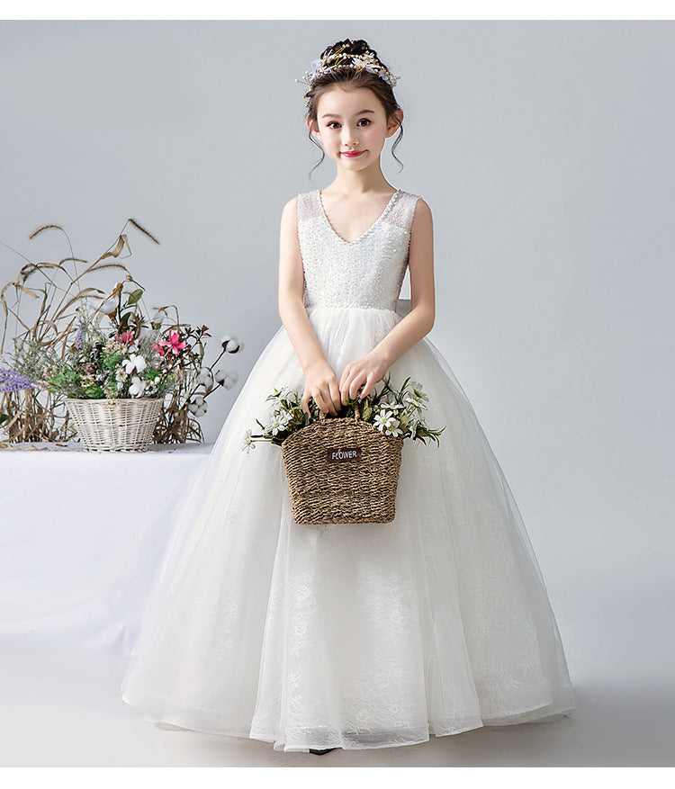 White V-Neck Sleeveless Mesh Flower Girl Dresses