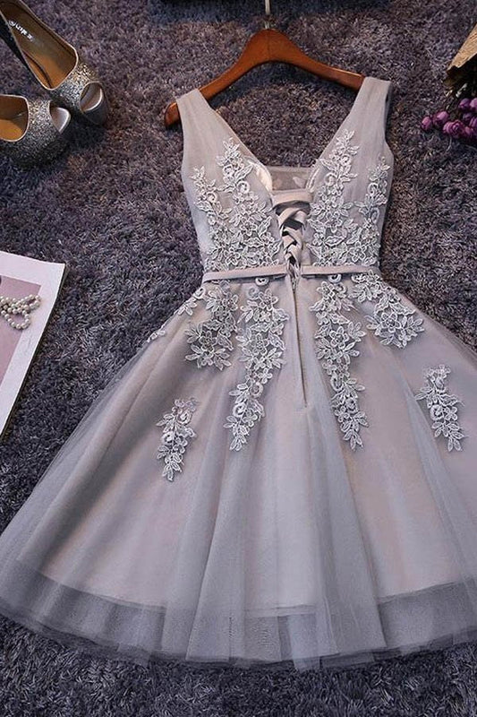 Chic Sleeveless A Line Lace-up Tulle Lace Appliques Short homecoming Dresses