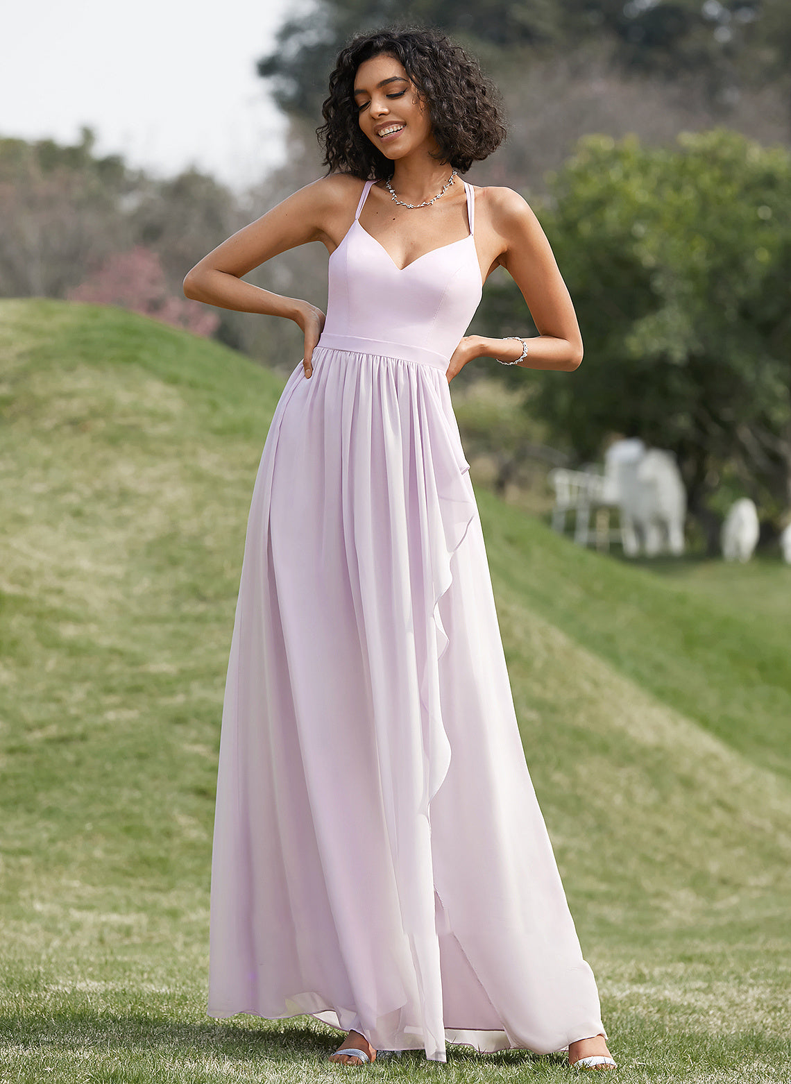 Silhouette A-Line Embellishment Length Ruffle V-neck Asymmetrical SplitFront Neckline Fabric Cheyanne A-Line/Princess Bridesmaid Dresses