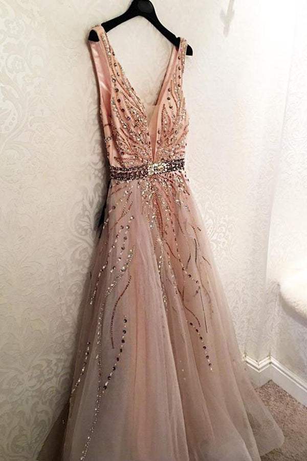 Elegant V Neck Open Back Long Prom Dresses Tulle Party Dresses with Beading