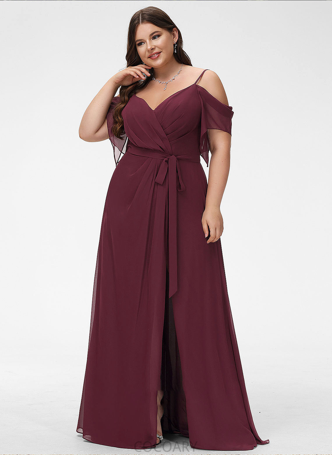 Silhouette Fabric Ruffle A-Line Length Neckline Embellishment SplitFront Floor-Length V-neck Alivia V-Neck Bridesmaid Dresses