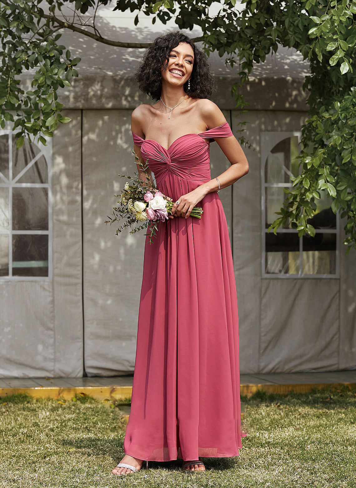 Neckline Embellishment Floor-Length Silhouette Length Off-the-Shoulder A-Line Ruffle Fabric Aisha Natural Waist Spaghetti Staps Bridesmaid Dresses