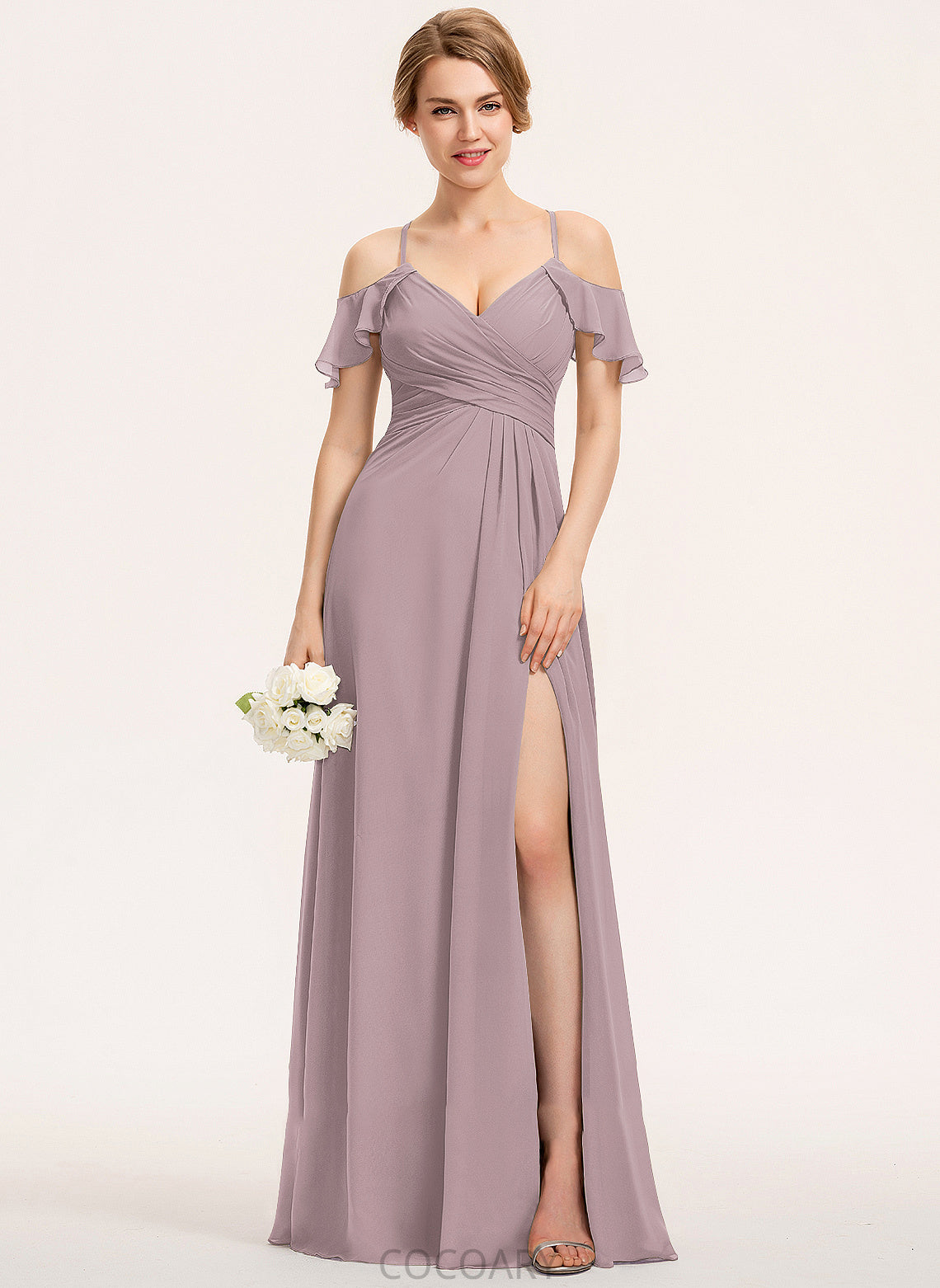 Silhouette A-Line Neckline CascadingRuffles Ruffle Fabric Length V-neck Embellishment Floor-Length SplitFront Susan Bridesmaid Dresses