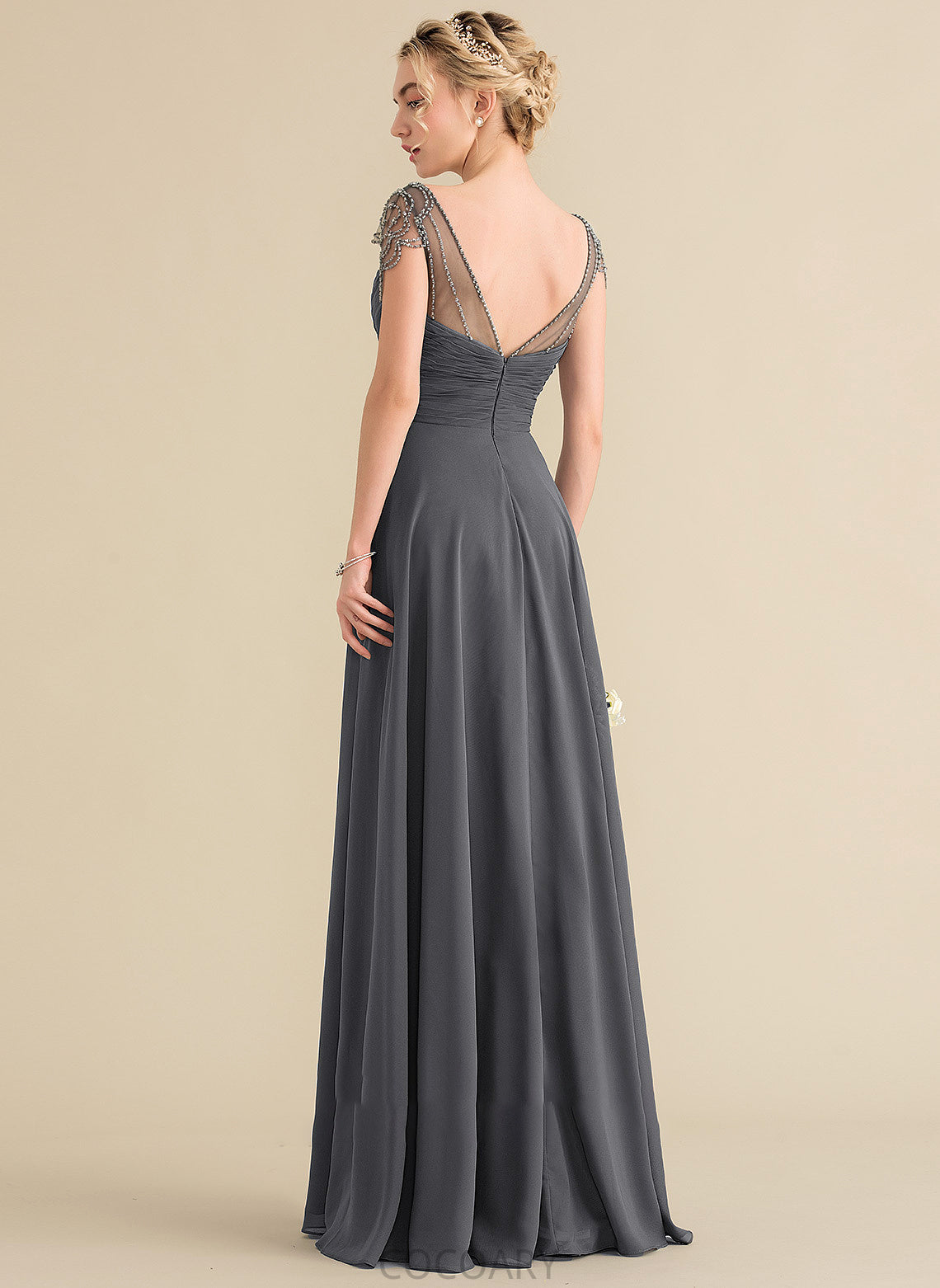 Length Beading Sequins Silhouette Floor-Length Fabric Ruffle V-neck Embellishment Neckline A-Line Karli Bridesmaid Dresses