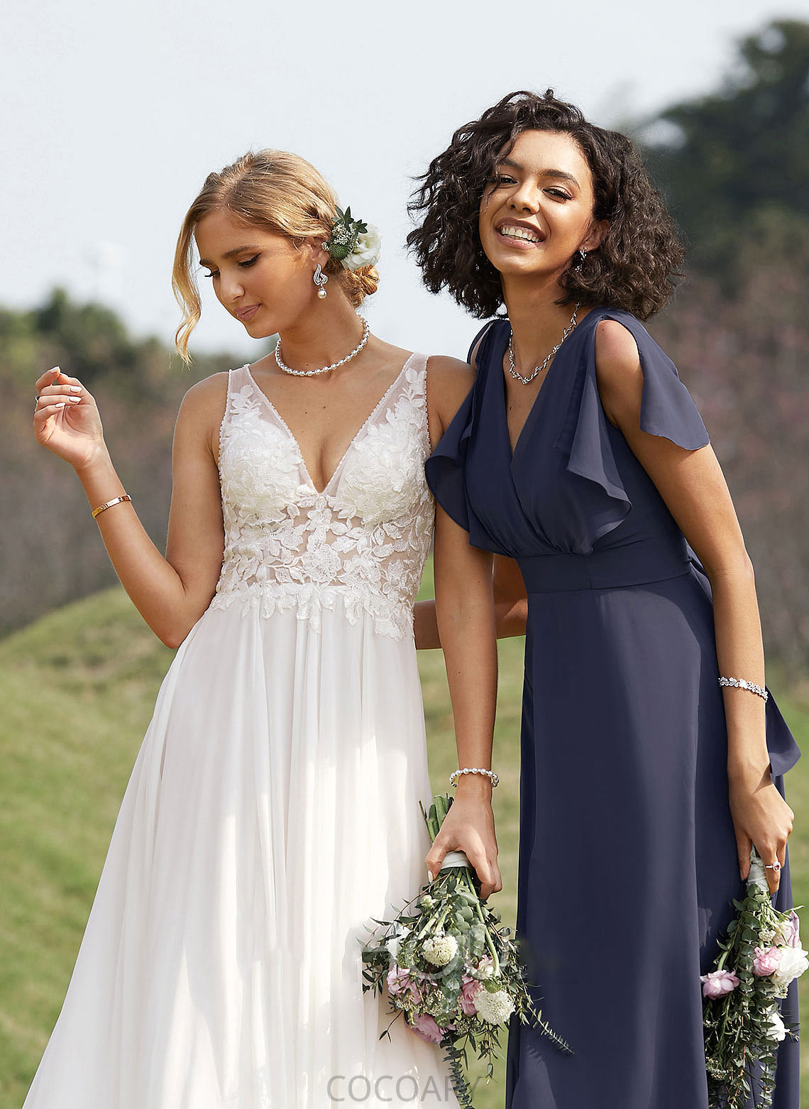 A-Line Neckline Straps V-neck Fabric Length Floor-Length Silhouette Cassie Natural Waist Halter Sleeveless Bridesmaid Dresses