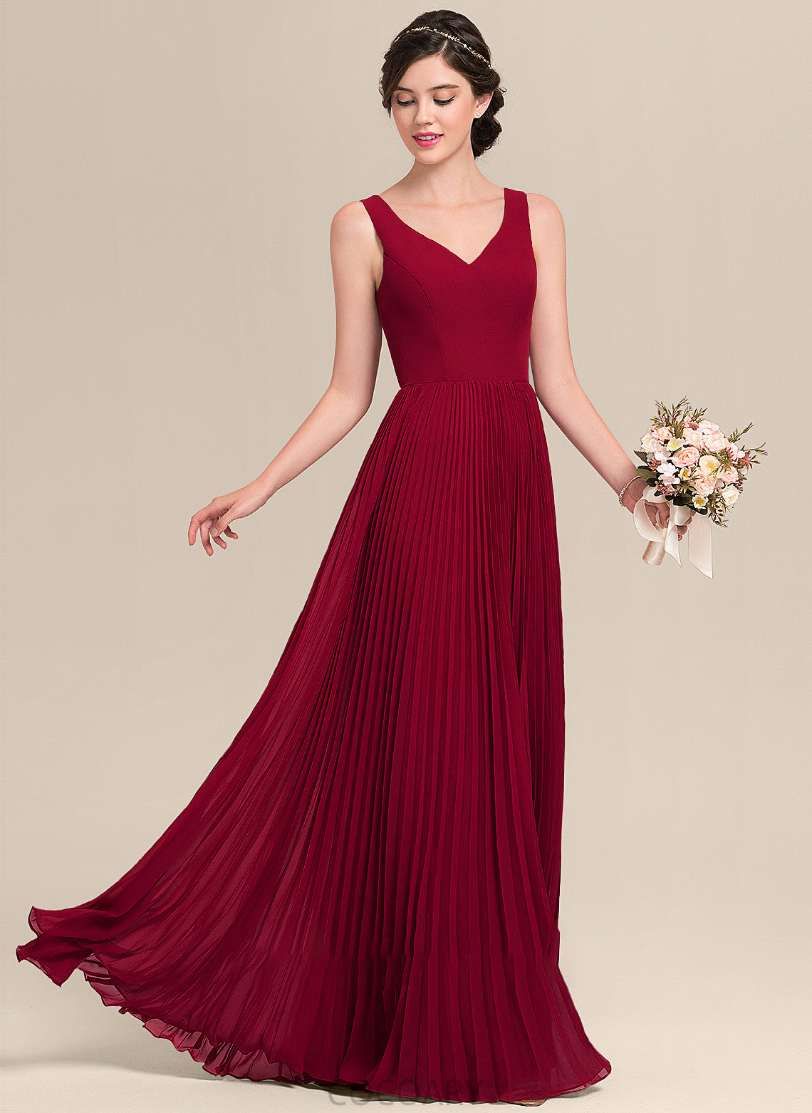 Neckline SplitFront Embellishment Length V-neck Pleated Silhouette Fabric A-Line Floor-Length Julia Spaghetti Staps Bridesmaid Dresses