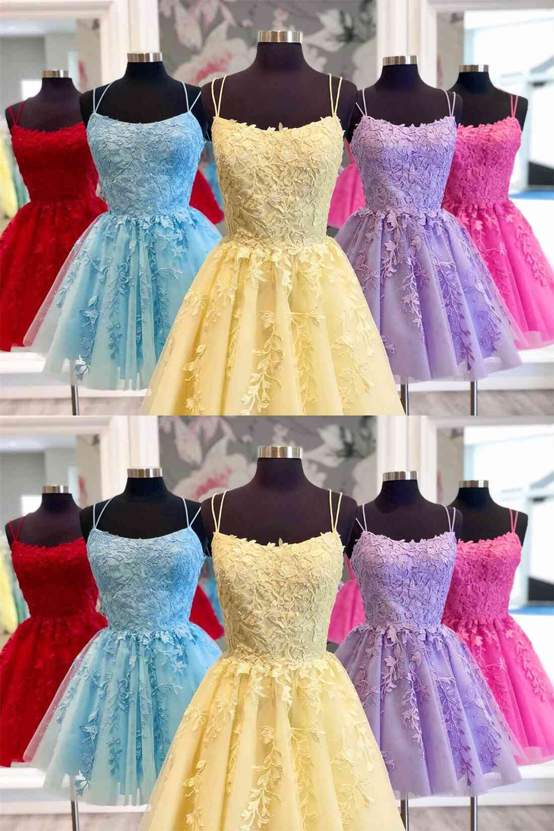 Blue A-line Spaghetti Straps Lace Short Prom Dresses, Homecoming Dresses