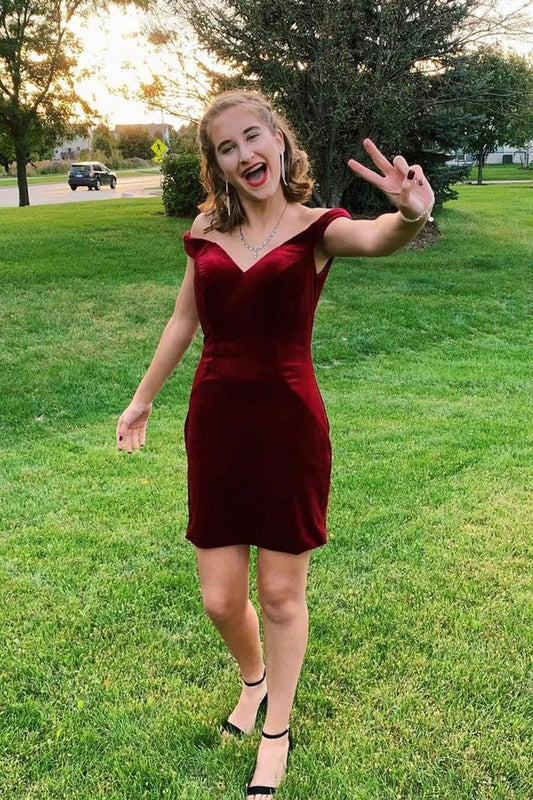 Simple Burgundy Off The Shoulder V Neck Velvet Short Homecoming Dresses