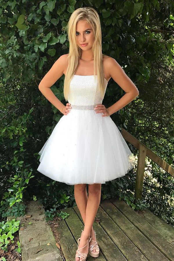 White Strapless Tulle Beading Short Homecoming Dresses