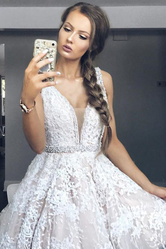 Deep V Neck Sleeveless Lace Beading Belt Short Homecoming Dresses