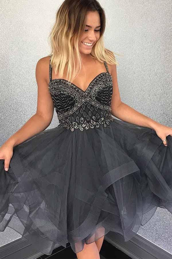 Tulle Sweetheart Spaghetti Ruffle Beading Short Homecoming Dresses