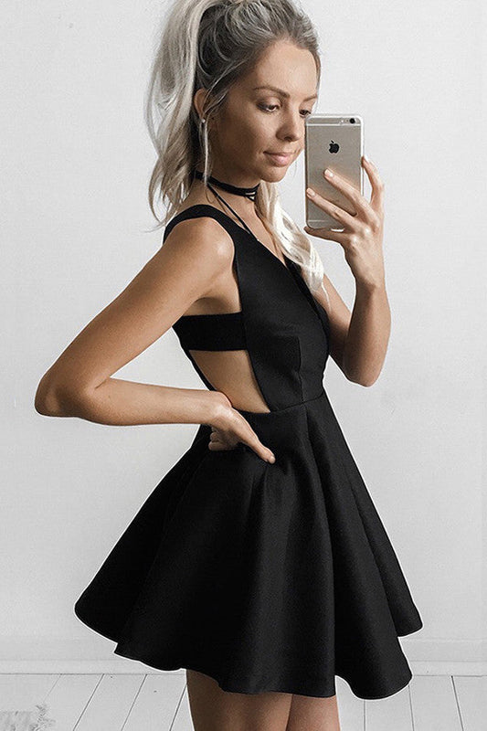 Sexy Deep V-Neck A-Line Black Satin Short Homecoming Dresses