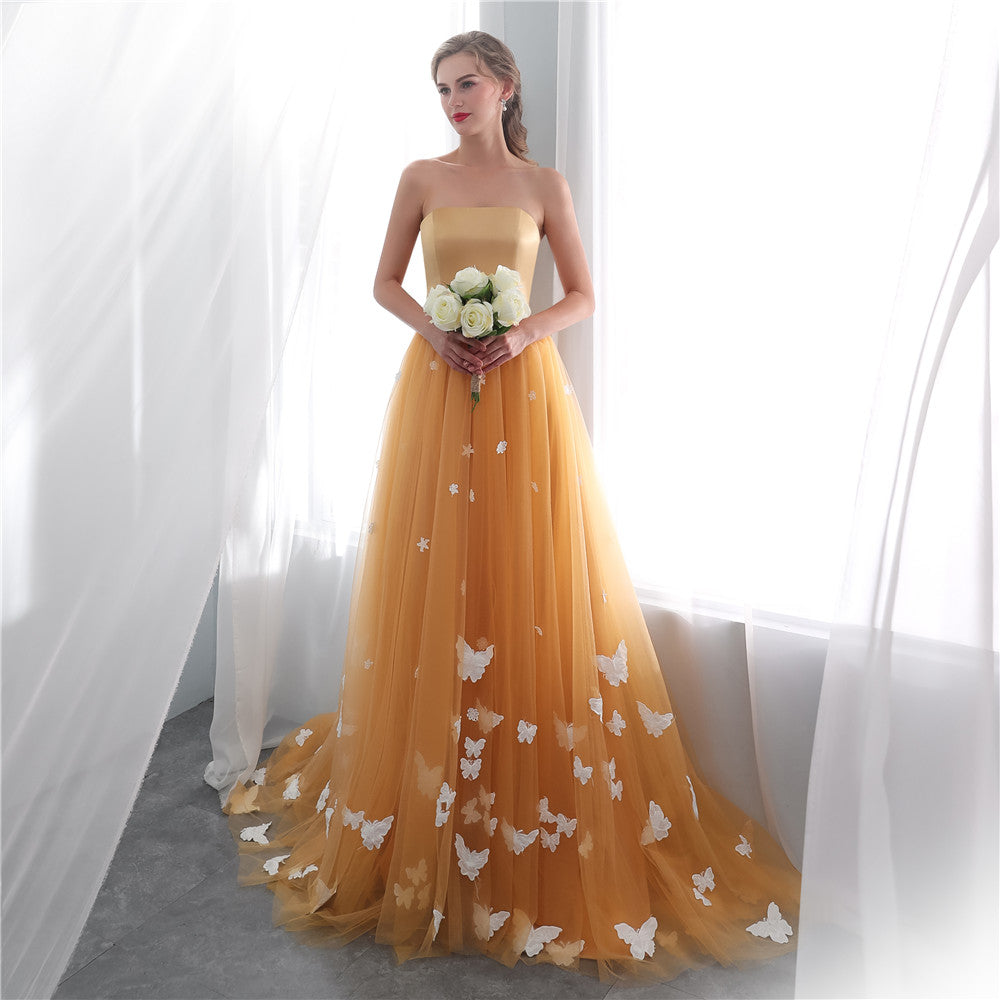 Strapless Tulle Lace Up Tulle Sweep Train Prom Dresses with Appliques