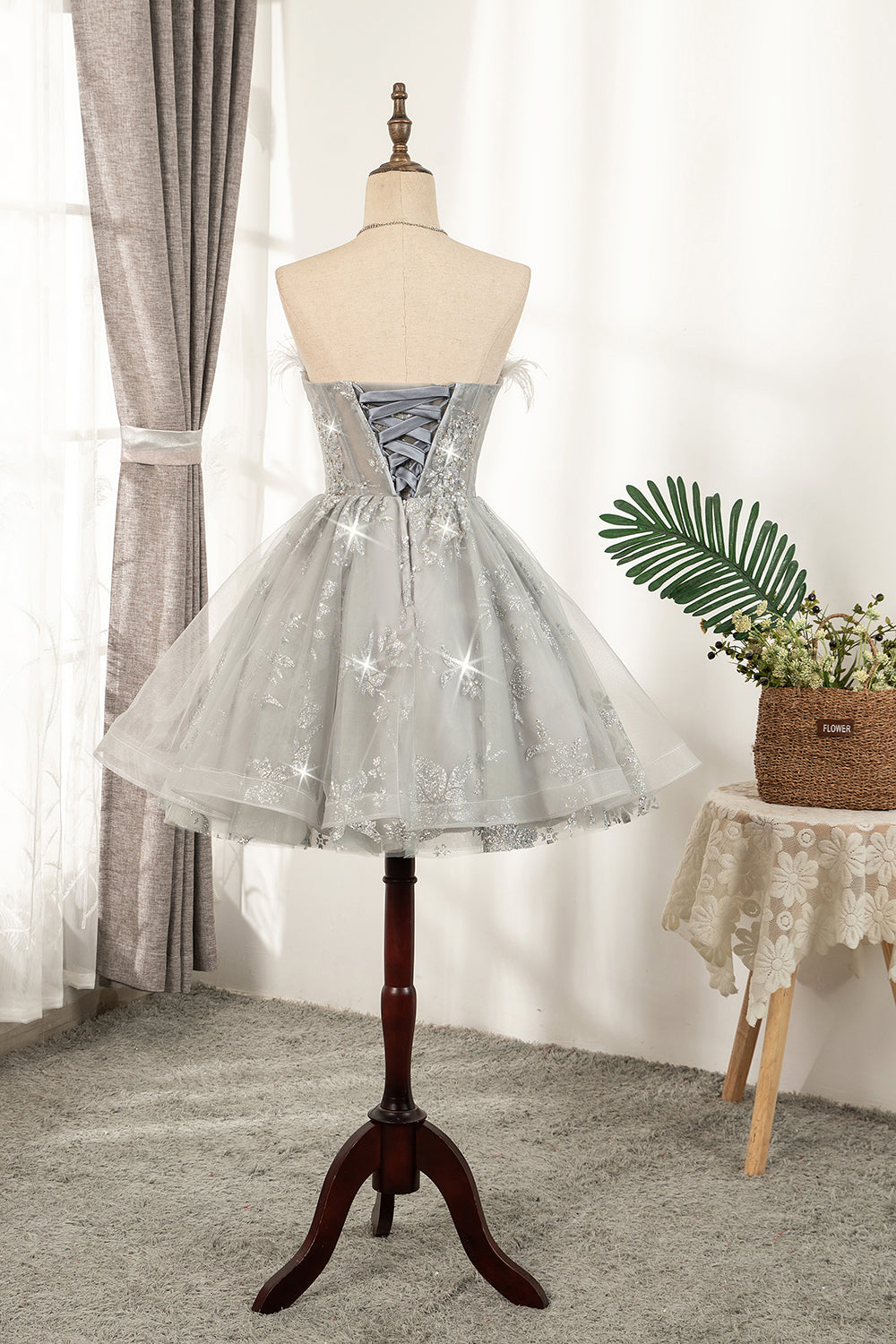 Shiny Silver Strapless Lace Up Tulle Short Homecoming Dresses