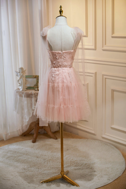 Pink Spaghetti Straps Sweetheart Tulle Homecoming Dresses