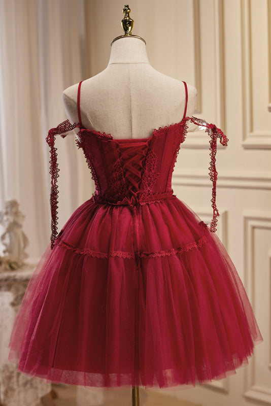 Burgundy Spaghetti Straps V Neck A Line Tulle Short Homecoming Dresses