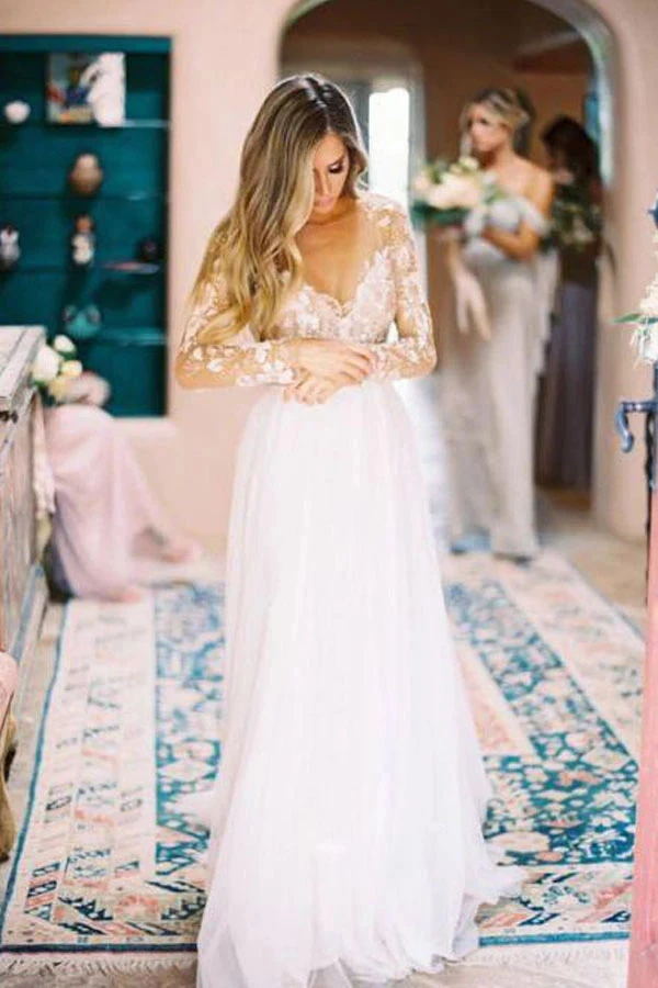 Chic Long Backless Ivory Wedding Dresses With Sleeves Charming Bridal Gown