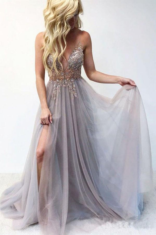 Beautiful Spaghetti Straps Long Beading V-neck Prom Dresses For Teens