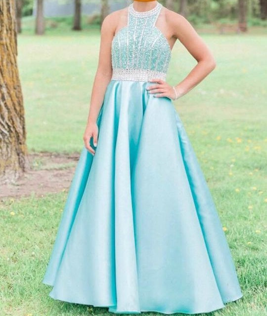 Pretty Halter Beading Backless Long Satin Floor Length Prom Dresses