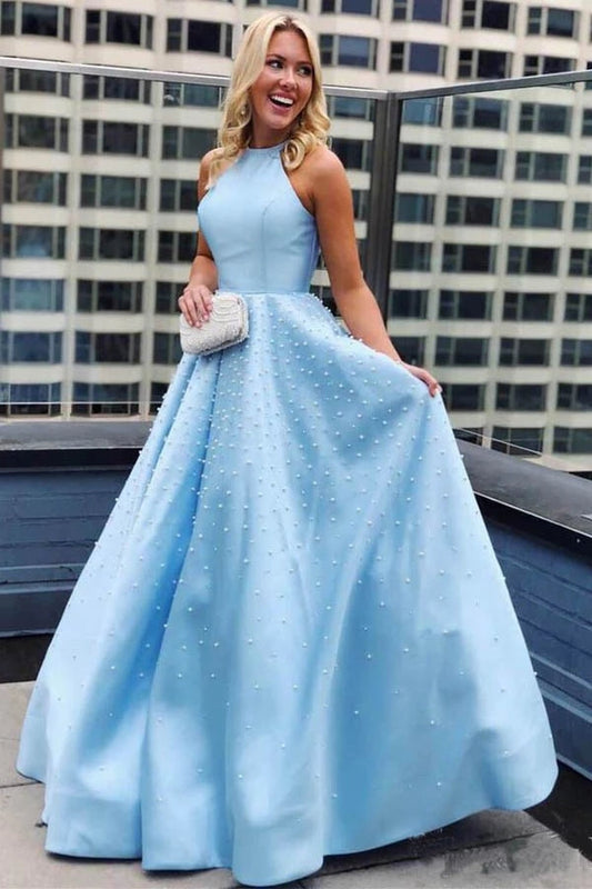 Light Blue Beading Halter Long A-line Elegant Prom Dresses For Teens