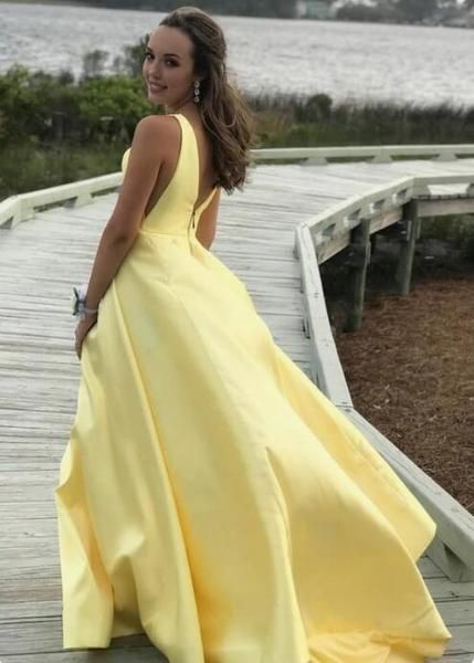 V-neck A-line Yellow Satin Long Prom Dresses Zipper Back Party Dresses