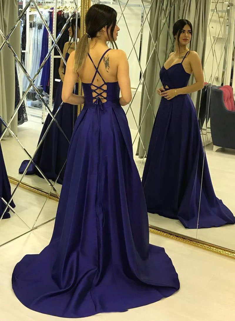 Spaghetti Straps Backless Simple A-line Long Blue Party Prom Dresses For Teens