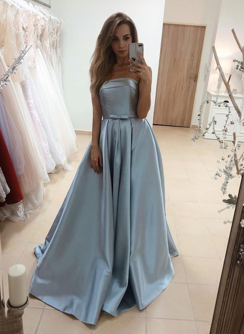 Modest Simple Strapless Long A-line Satin Prom Dresses With Pockets