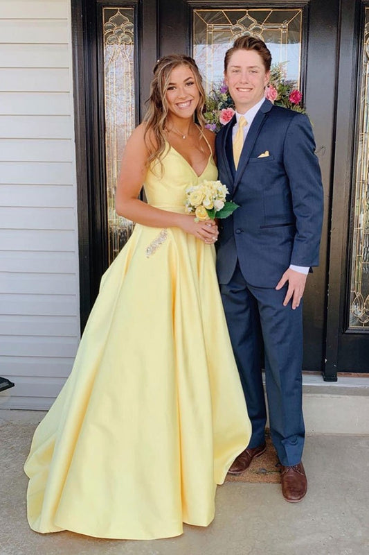 Spaghetti Straps Backless Long Yellow Satin Prom Dresses With Pockets