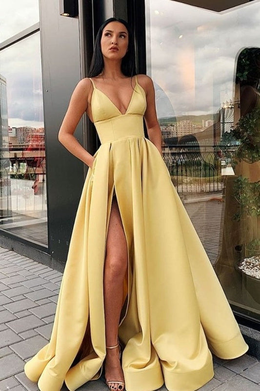 Formal Long V-neck Simple Prom Dresses For Women Prom Gowns With Pockets