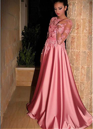 Pink Satin Long Prom Dresses Ball Gown Jewel With Lace Long Sleeves