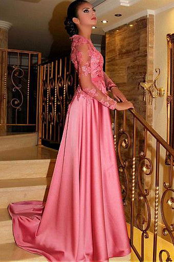 Pink Satin Long Prom Dresses Ball Gown Jewel With Lace Long Sleeves